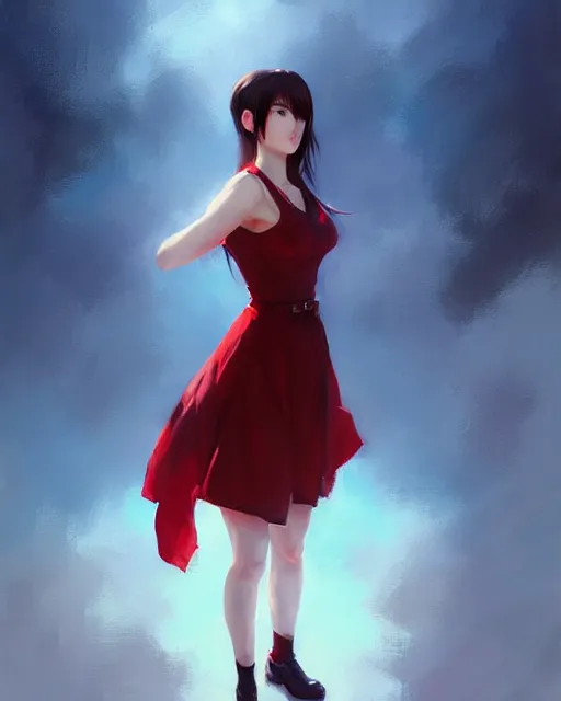 Image similar to elegant tifa lockhart in a red cottagecore dress, portrait, illustration, rim light, top light, clear blue sky, winter, perfectly shaded, soft painting, art by krenz cushart and wenjun lin