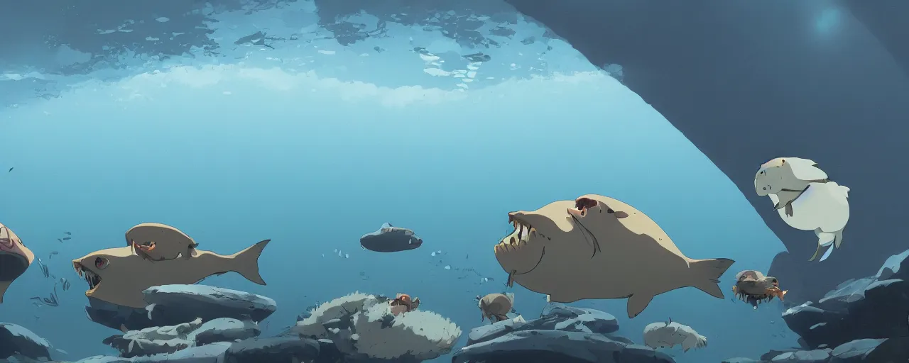 Prompt: piranhas eating a baby harp seal in a tropical river, atey ghailan, goro fujita, studio ghibli, rim light, dark lighting, clear focus, very coherent