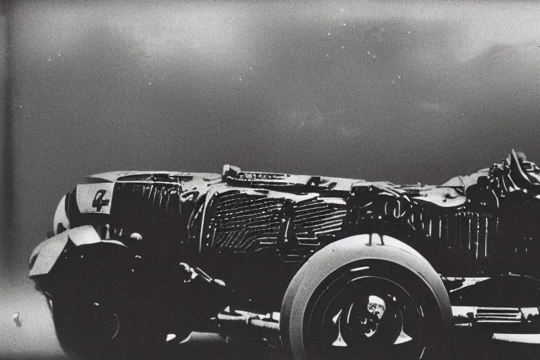 Image similar to cyberpunk 1 9 2 6 bugatti type 3 5 by paul lehr, metropolis, view over city, vintage film photo, damaged photo, scratched photo, scanned in, old photobook, silent movie, black and white photo