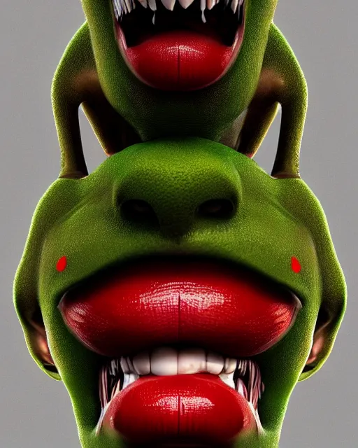 Prompt: hyperrealistic anthropomorphic cartoon 3 d unreal engine red and white polka dot venus fly trap luscious lips, big wet tongue photography portrait