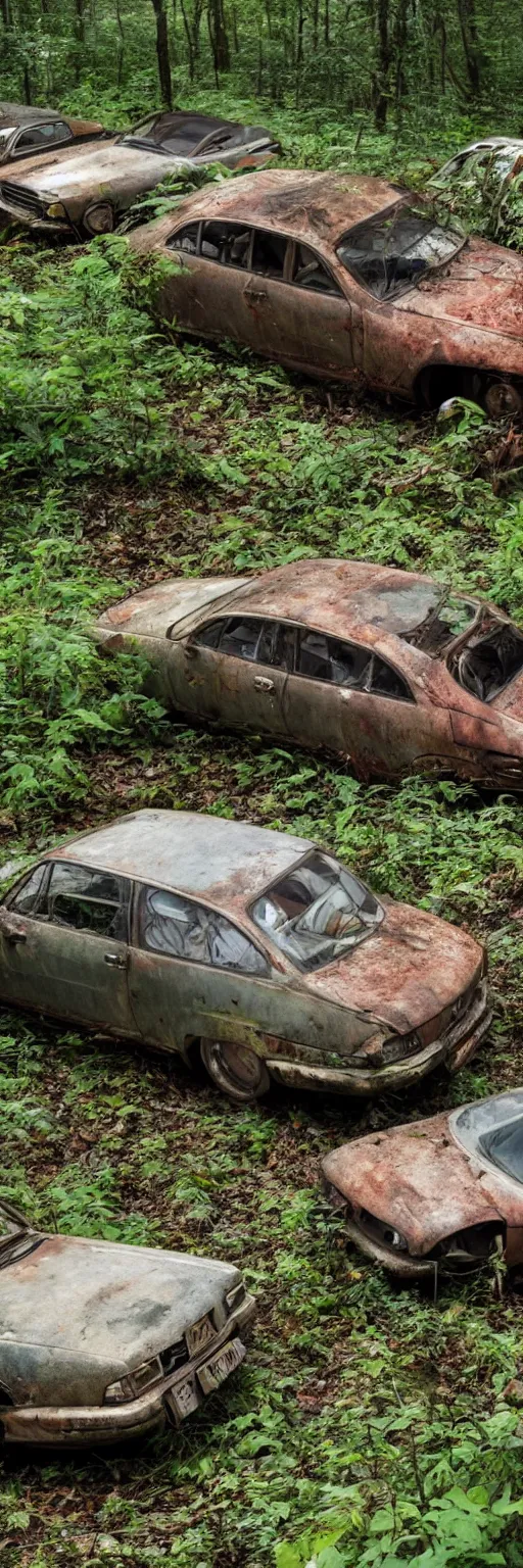 Prompt: a hi 8 footage still of a forest full of abandoned european sedans, coupes and vans with rust damage, broken parts and vegetation.