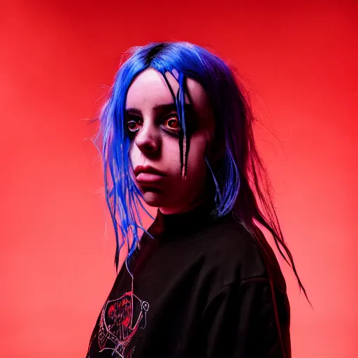 Prompt: Adult Billie Eilish as a demon in heaven, blood flowing from eyes, grungy, unkept hair, glowing eyes, modelsociety, radiant skin, huge anime eyes, RTX on, bright on black, dramatic, studio lighting, perfect face, intricate, Sony a7R IV, symmetric balance, polarizing filter, Photolab, Lightroom, 4K, Dolby Vision, Photography Award