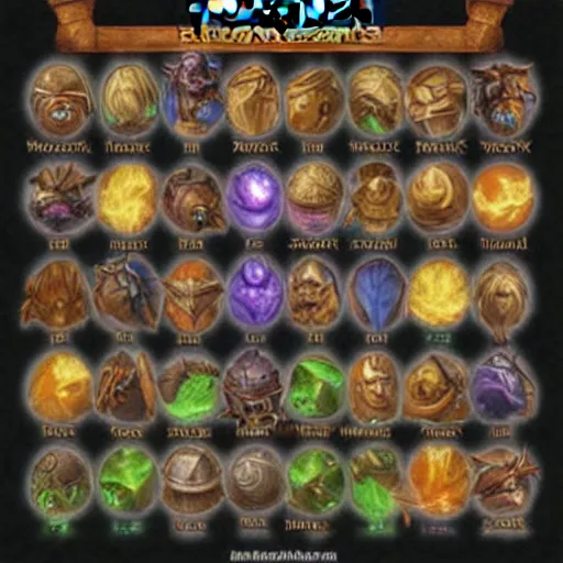 Prompt: Sprite sheet of RPG skill icons, World of Warcraft, League of Legends, DOTA 2