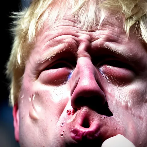 Image similar to Boris Johnson crying on the naughty step with a pool of tears under him, 8k, perfect lighting, high contrast, wide-angle, Nikon mirrorless, sad, brexit, flickr