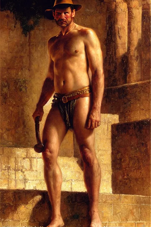 Image similar to indiana jones at a roman bathhouse, painting by, tom of finland, gaston bussiere, craig mullins, j. c. leyendecker