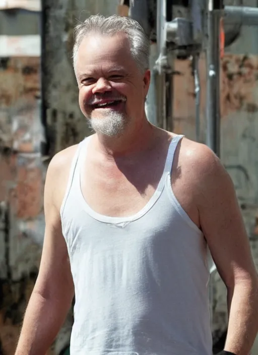 Image similar to tim robbins with a giant beard wearing a white tank top and smiling