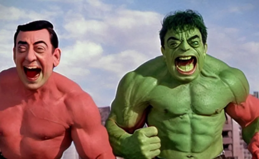 Prompt: peewee herman as the hulk, cinematic movie still