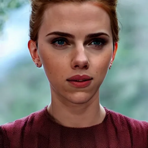 Image similar to a woman who is a genetic combination of scarlett johansson and emma watson face and upper - body focus