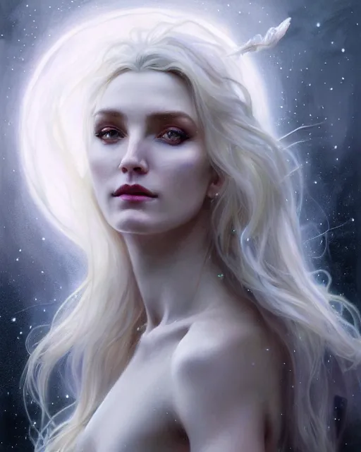 Image similar to realistic portrait of a beautiful white witch, bright witch, dark night, beautiful, heroic pose, beautiful face, magic, dark magic, dramatic lighting, intricate, wild, highly detailed, digital painting, artstation, concept art, smooth, sharp focus, illustration, art by artgerm and greg rutkowski and alphonse mucha, footage from space camera