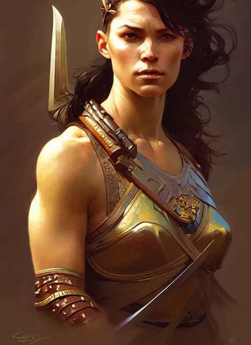 Prompt: portrait of a portrait of beautiful female warrior, d & d, qpao fantasy, flat lighting, intricate, muscular, highly detailed, digital painting, artstation, concept art, smooth, sharp focus, illustration, art by simon bisley and greg rutkowski and alphonse mucha, natural tpose