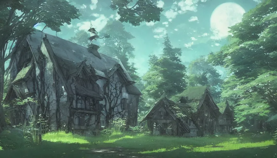 Image similar to a witches house nestled between the lush forest, trending on pixiv fanbox, painted by greg rutkowski makoto shinkai takashi takeuchi studio ghibli