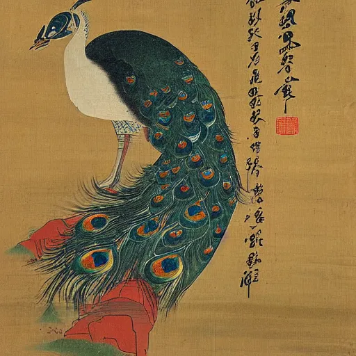 Prompt: the Chinese ancient painting of the peacock ,by emperor Huizong of Song