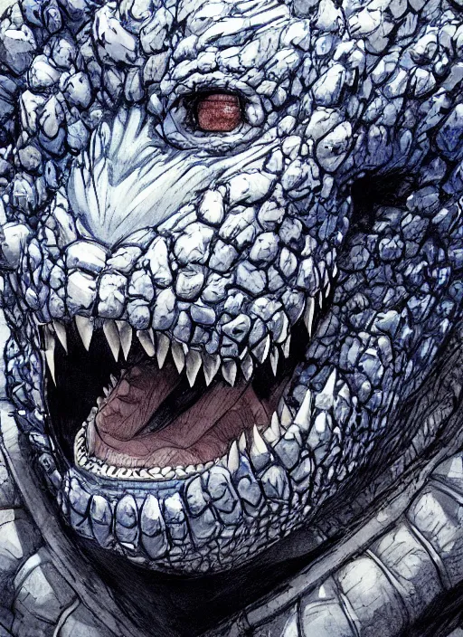 Image similar to close up portrait of a fat blue godzilla wearing a dog collar, powerful, domineering, stoic, intense, ultrafine hyperdetailed illustration by kim jung gi, irakli nadar, intricate linework, sharp focus, octopath traveler, yoji shinkawa, highly rendered, detailed, concept art