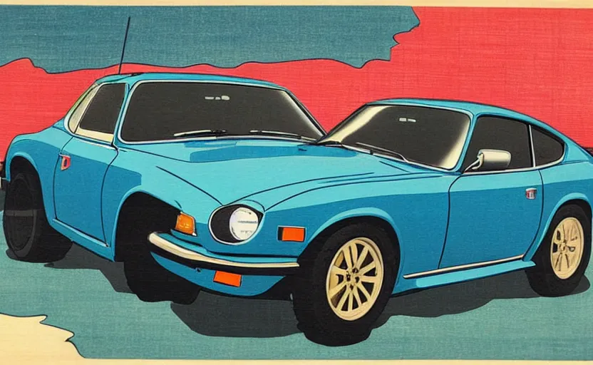 Image similar to ukiyo - e painting of a 1 9 7 5 datsun 2 4 0 z