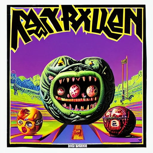 Image similar to 8 0's madballs toys on iron maiden album cover, 8 k resolution hyperdetailed photorealism