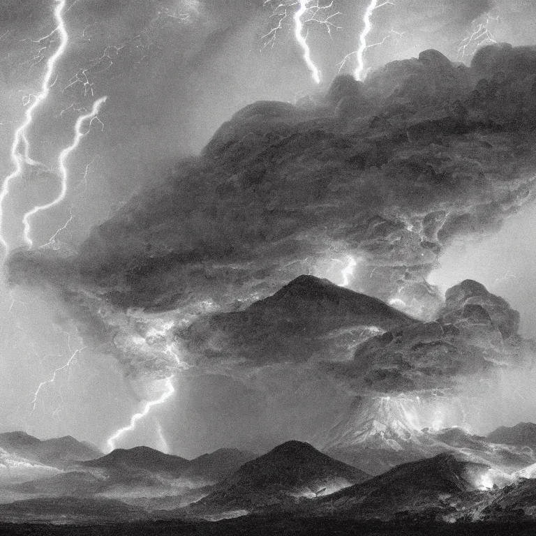 Image similar to volcano explosion lightning ash cloud tall mountain in the style of Ansel Adams, Thomas Cole and Gustave dore