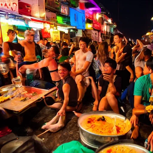 Prompt: Khao San Road backpacker party