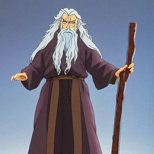 Image similar to gandalf from the anime lord of the rings (1986), holding a wooden staff, studio ghibli, very detailed, realistic