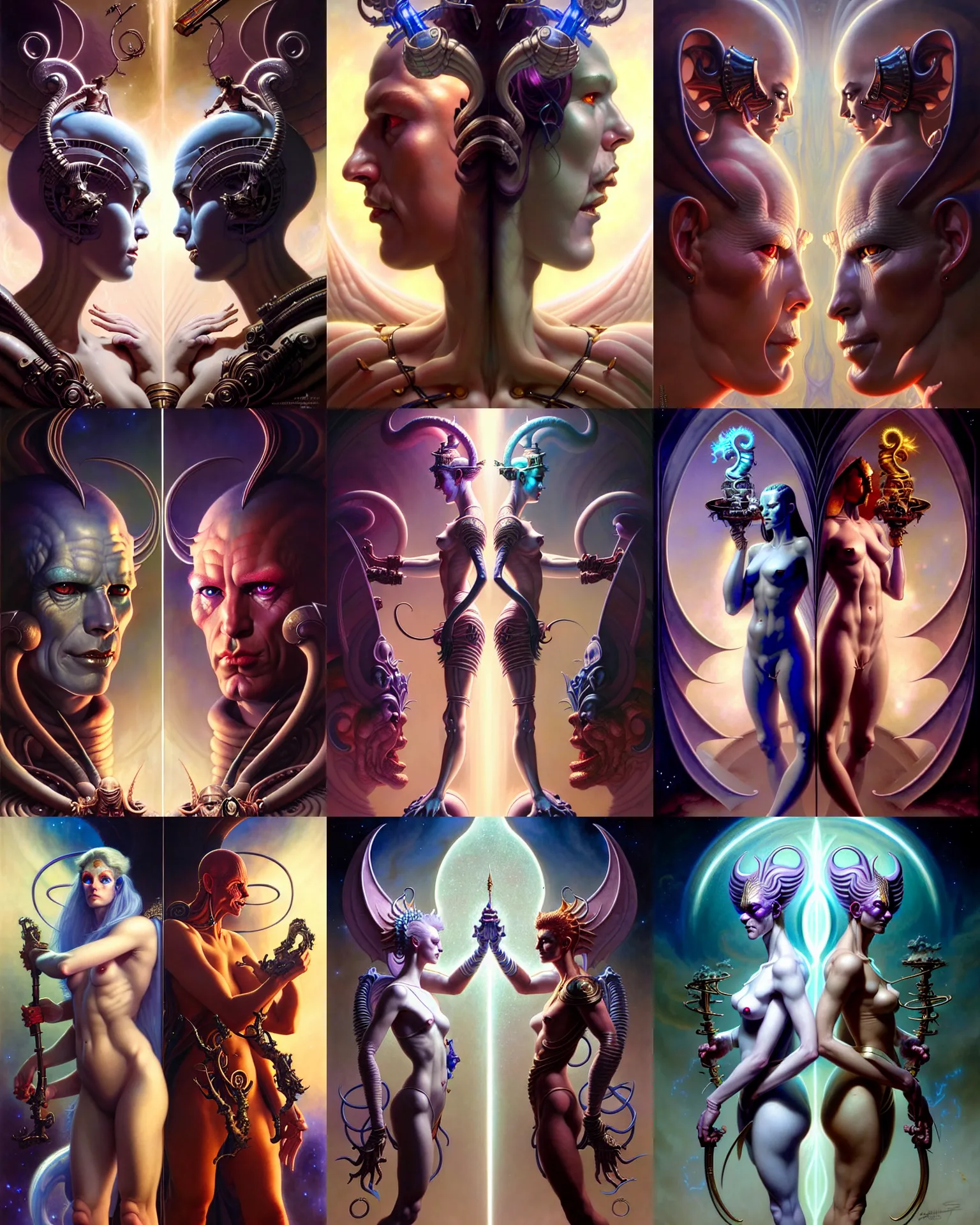 Image similar to beautiful gemini good and evil fantasy character portrait, ultra realistic, wide angle, intricate details, the fifth element artifacts, highly detailed by peter mohrbacher, hajime sorayama, wayne barlowe, boris vallejo, aaron horkey, gaston bussiere, craig mullins