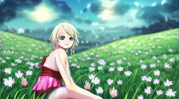 Image similar to Lucy Heartfilia sitting in a field of Clover | Big Moon at Night | GLOWING FLOWERS | strong blue rimlit | visual-key | anime illustration | highly detailed | in the style of Anmi