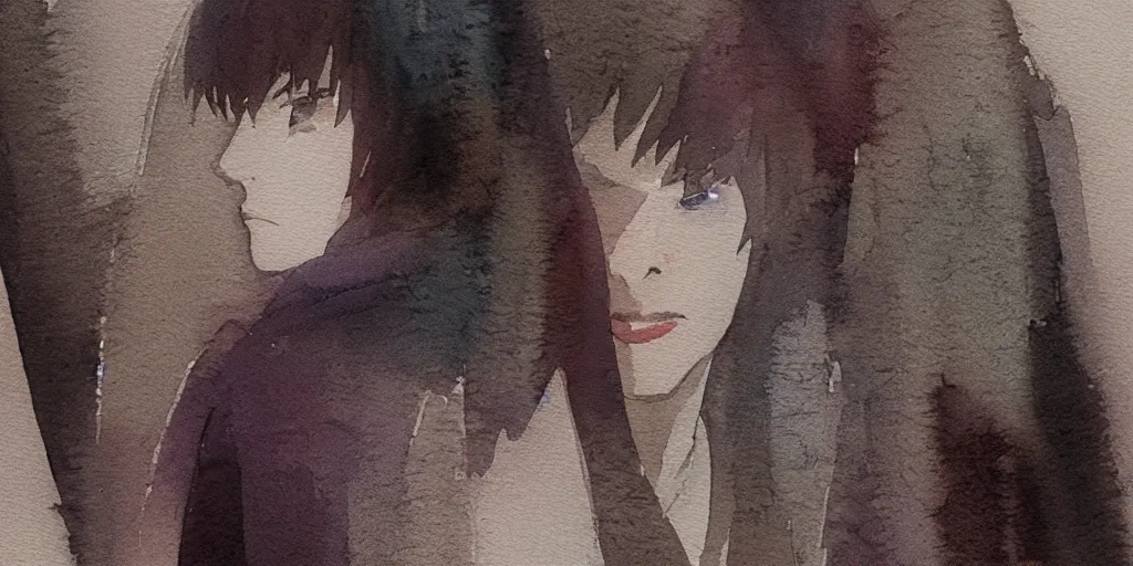 Image similar to simple watercolor, rough paper texture, ghost in the shell movie scene, backlit distant shot of girl in a parka