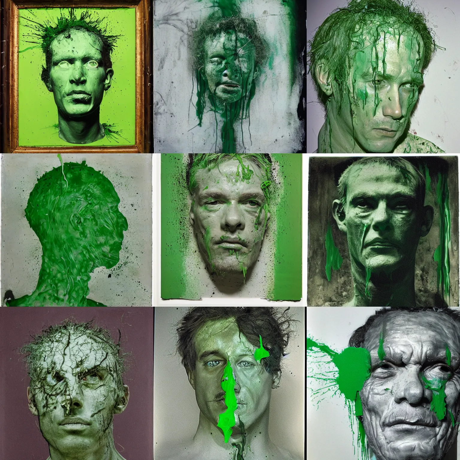 Prompt: studio photograph of a mixed media surrealist of a human head by ernest pignon - ernest, antoni tapies and cy twombly, 8 0 mm, green paint dripping, brush strokes