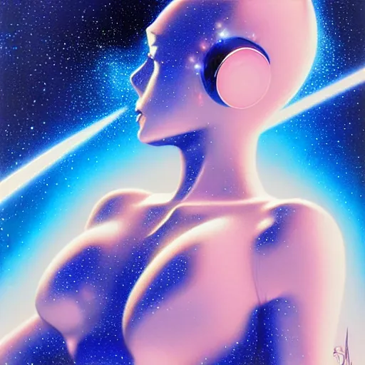 Prompt: futuristic space woman, blue sky art by peter lloyd, 1 9 8 0's art, airbrush style, art by hajime sorayama,, intricate, elegant, sharp focus, illustration, highly detailed, concept art, matte, sharp focus, illustration, highly detailed, 6 4 0