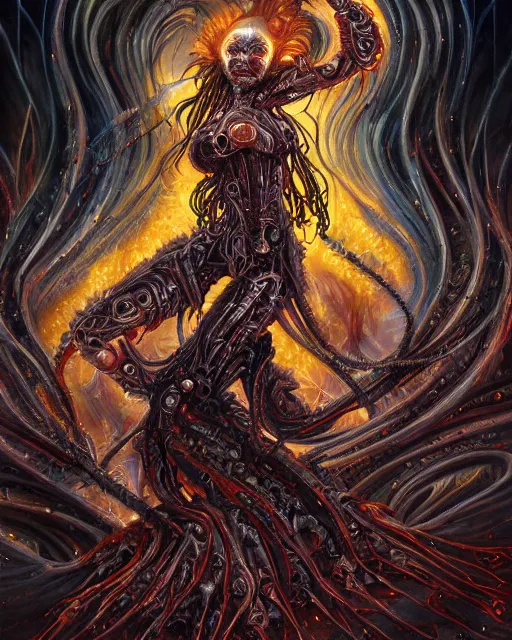 Image similar to mechanical charred bloody fleshmetal cyborg daemonhost woman psychedelic flamer of tzeentch, by antonio j. manzanedo, alex grey, android jones, wayne barlowe, philippe druillet, raymond swanland, cyril rolando, josephine wall, harumi hironaka, cronenburg, trending on artstation