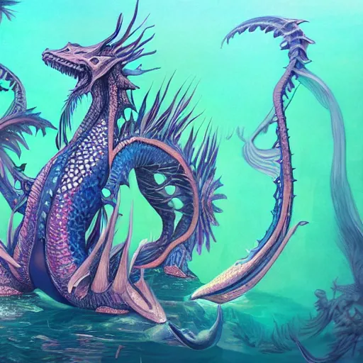 Image similar to underwater sea dragon full body, d & d style, trending on artstation, colorful, intricate, highly detailed art by ilse gort and yugin maffioli