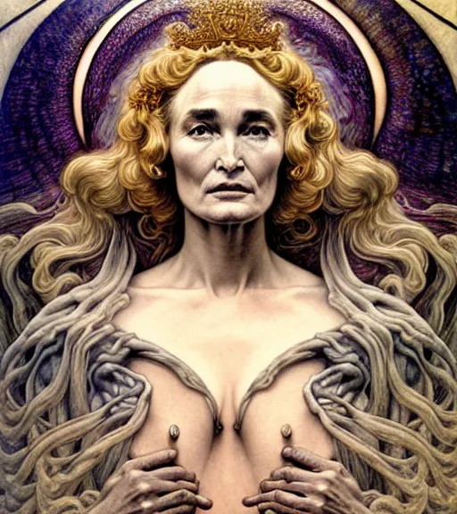 Image similar to detailed realistic beautiful jessica lange as queen of jupiter face portrait by jean delville, gustave dore and marco mazzoni, art nouveau, symbolist, visionary, gothic, pre - raphaelite. horizontal symmetry by zdzisław beksinski, iris van herpen, raymond swanland and alphonse mucha. highly detailed, hyper - real, beautiful