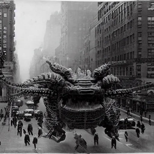 Image similar to old black and white photo, 1 9 1 3, depicting a giant biomechanical alien monster kaiju robot fighting tanks through the bustling streets of new york city, historical record