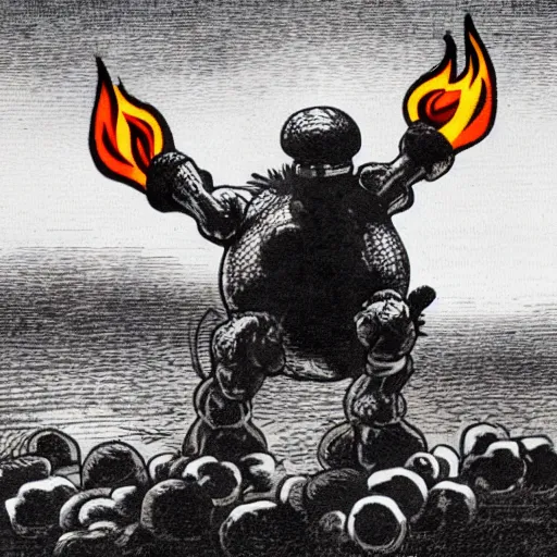 Image similar to a bomb with arms and legs lighting itself on fire with a match