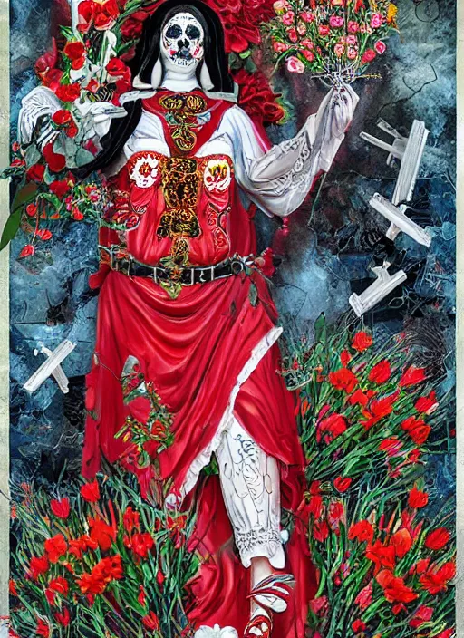 Image similar to masterpiece of Santa muerte with a book in her hand and surrounded by red and white flowers guns and ammunitions offered by devotees, no crop, digital visionary art, extremely high detail, post processed,