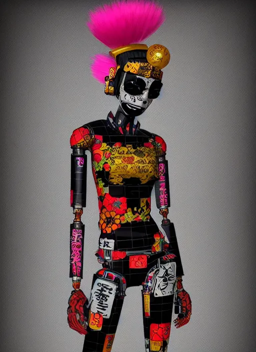 Image similar to full body photo of a punk geisha robot with kanji tattoos and decals wearing a digital pixelated kimono, intricate design, photo - realistic, octane render, ultra fine detailed, character design, trending on artstation