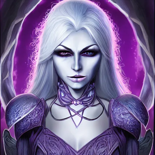 Image similar to portrait of a female fantasy drow, dark elf, with large blue eyes, dark purple skin, and medium-length silver hair, realistic, d&d character art