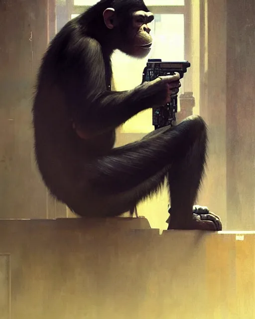 Prompt: cyberpunk augumented chimpanzee at the computer. art by greg rutkowski, gustave courbet, rosa bonheur, edward hopper. faithfully depicted facial expression, perfect anatomy, sharp focus, global illumination, radiant light, detailed and intricate environment, trending on artstation