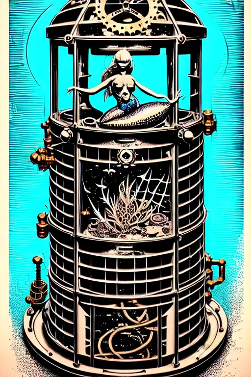 Image similar to steampunk cryo chamber containing a mermaid, high details, intricately detailed, by vincent di fate, inking, 3 color screen print, masterpiece, trending on artstation,, sharp, details, hyper - detailed, hd, 4 k, 8 k