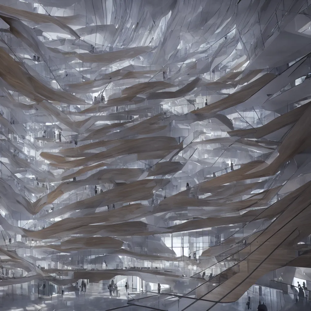 Image similar to a wooden and marble monumental stair tower of light climbing up, designed by zaha hadid, highly detailed, 4 k, unreal engine, volumetric lightning, mist, golden goddess athena