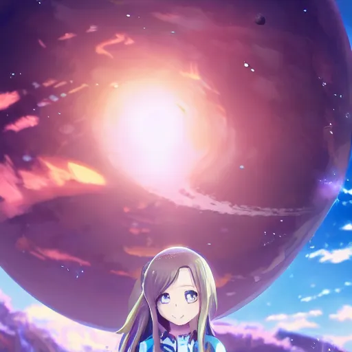 Image similar to An anime girl holding and terraforming a planet on her hands, wide-shot, high detail, 4k, digital art, artstation, 8k, very detailed, 85mm