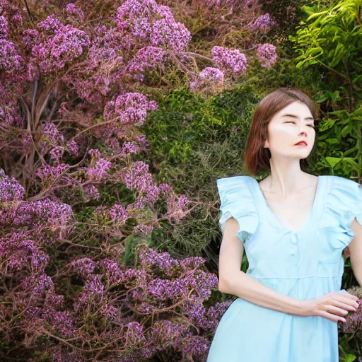 Image similar to portrait of a lady wearing a light blue dress, light, airy, garden, photorealistic, extreme detail, sharp focus, 8 k, intricate, hyper detailed, realistic, cinematic lighting