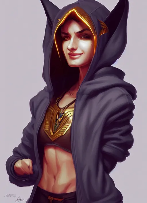 Prompt: pretty woman wearing an anubis hoodie, highly detailed, artgerm style, artstation, soft light, sharp focus, illustration, character design, concept art