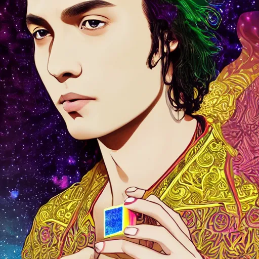Image similar to psychedelic, intricate, highly detailed, anime, 4k, beautiful Frank Dillane as a seductive man holding a crystal containing the universe, with professional makeup, long trippy hair, surrounded by gems, underneath the stars, trending on patreon, deviantart, twitter, artstation, volumetric lighting, heavy contrast, by artgerm and Ilya Kuvshinov and alphonse mucha