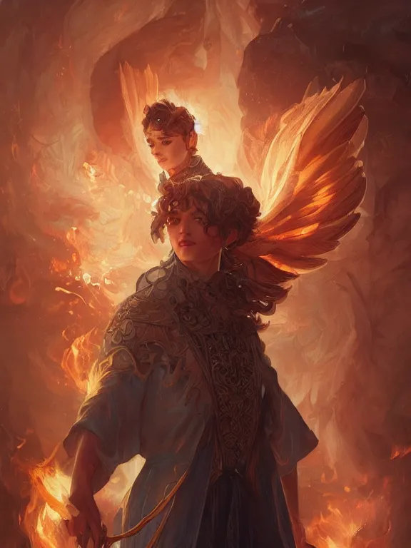 Prompt: young summoner with a fire elemental, fantasy, man, intricate, elegant, highly detailed, digital painting, artstation, concept art, wallpaper, smooth, sharp focus, illustration, art by artgerm and greg rutkowski and alphonse mucha