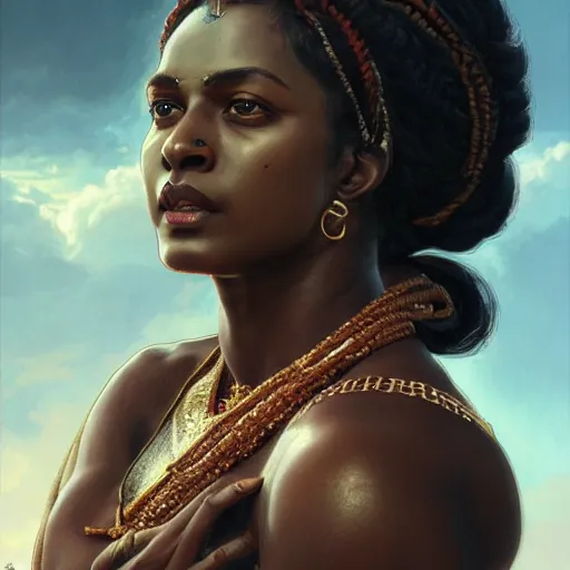 Image similar to wide angle portrait painting of a black muscular south indian woman, sari, ultra realistic, concept art, intricate details, eerie, horror, highly detailed, photorealistic, octane render, 8 k, unreal engine. art by artgerm and greg rutkowski and alphonse mucha