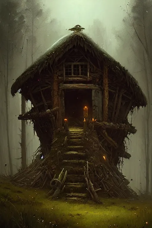 Prompt: greg rutkowski, bog witch hut