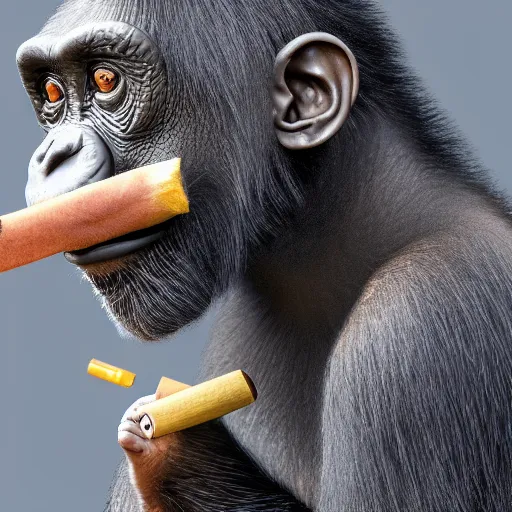 Image similar to a high detail closeup shot of a chimp wearing a suit 👔,and smoking a cigarrette🚬, cgcosiety, artstation, unreal engine, realism