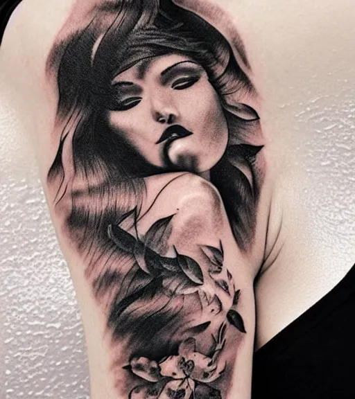 Image similar to tattoo design sketch of a beautiful woman face with a faded background of beautiful mountain nature on her side, hyper - realistic, double exposure with amazing nature, in the style of den yakovlev, amazing detail, black and white, faded