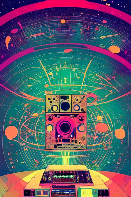 Image similar to giant speaker system and music recording studio inside the international space station filled to the brim with electronic equipment and modular synthesizers, poster art by victo ngai, ori toor, kilian eng behance contest winner, crystal cubism, poster art, cubism, tarot card, psychedelic art, concert poster, poster art, maximalist