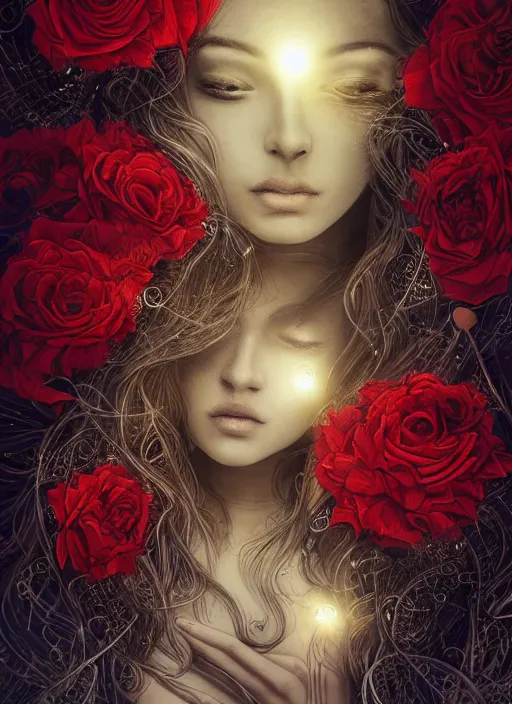 Image similar to glowing golden elements at frame borders, portrait, A beautiful dark witch in front of the full big moon, book cover, red roses, red white black colors, establishing shot, extremly high detail, foto realistic, cinematic lighting, pen and ink, intricate line drawings, by Yoshitaka Amano, Ruan Jia, Kentaro Miura, Artgerm, post processed, concept art, artstation, matte painting, style by eddie, raphael lacoste, alex ross