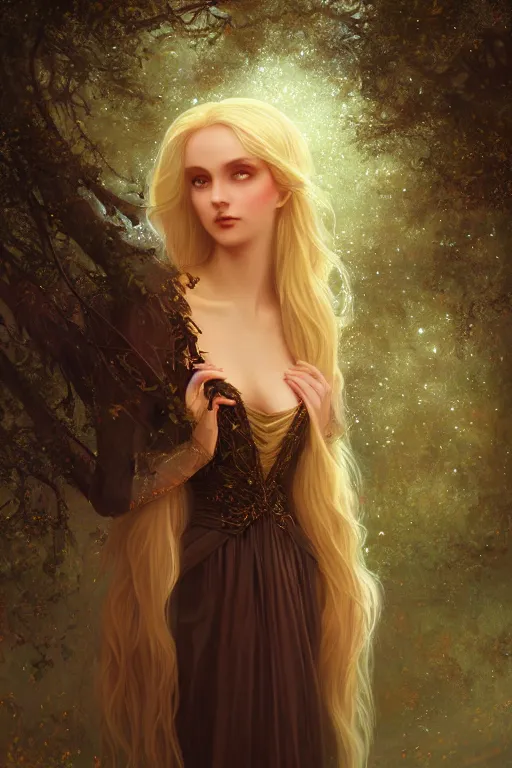Image similar to Nocturne, glowing, stars, beautiful sly dryad, long blonde hair, highly detailed, mysterious, ethereal, autumn colored medieval gown, haute couture, illustration, dramatic lighting, soft details, painting, by Edmund Blair Leighton, Brom, Charlie Bowater, trending on artstation, faces by otto schmidt